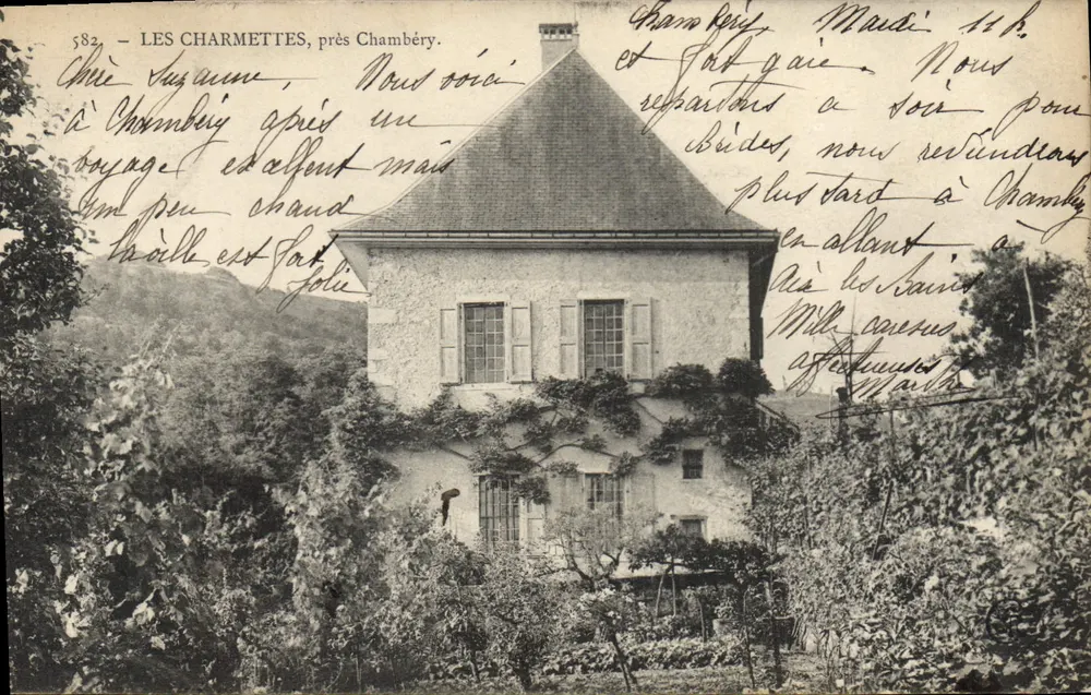 Les Charmettes, perto de Chambéry — casa com telhado de ardósia e vinhedos — editor anônimo, n° 582 - Frente