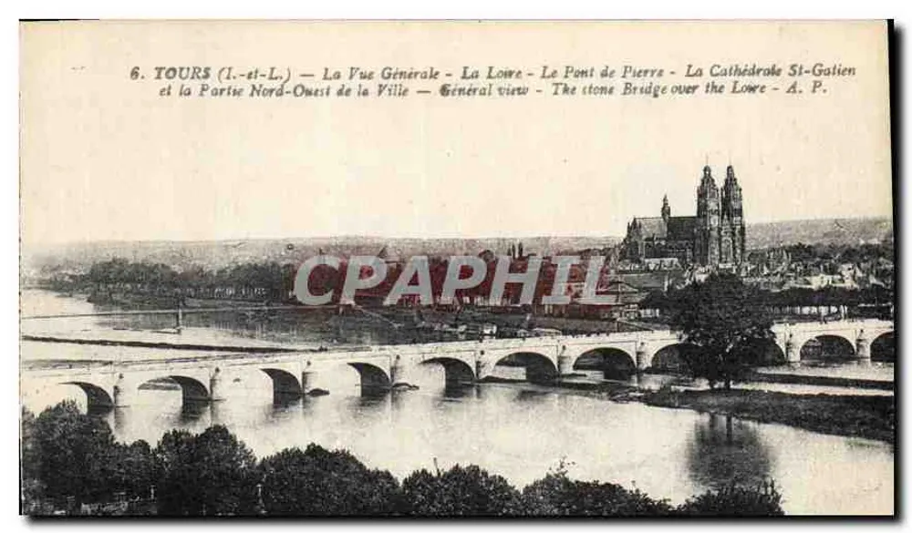 Tours (Loire) — Allgemeiner Blick — Steinerne Brücke und Kathedrale Saint-Gatien — A. Papeghin - Vorderseite
