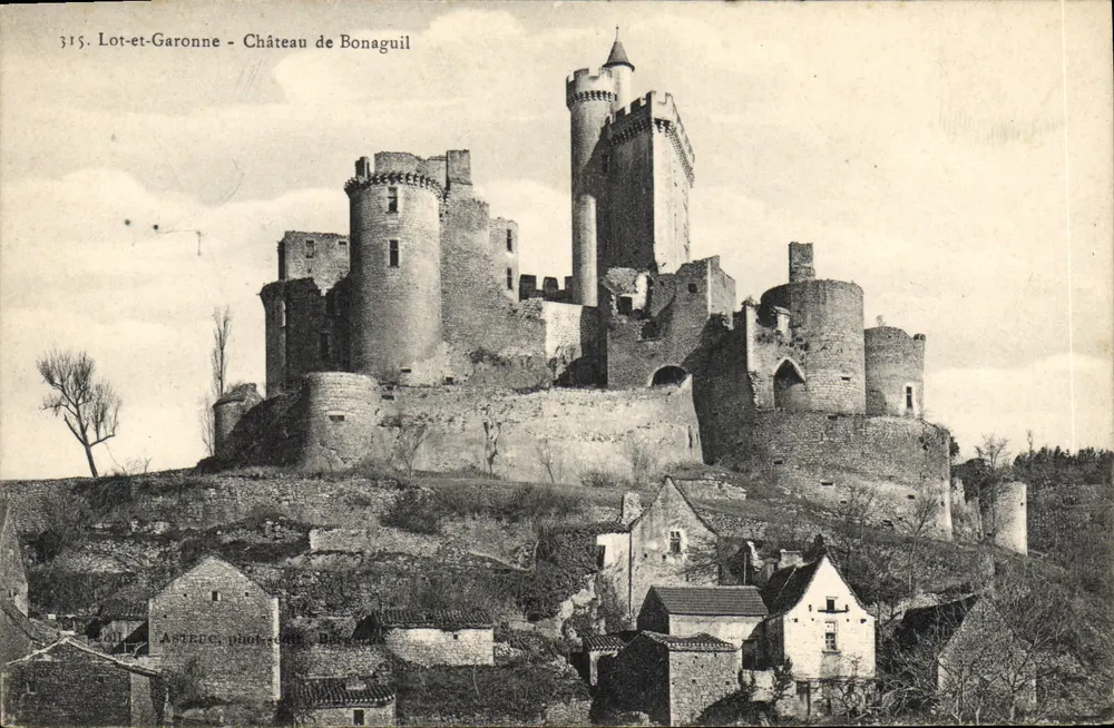 Lot-et-Garonne - Schloss Bonaguil — Ansicht des zerstörten Schlosses mit Turm, mit Dorf darunter — ASTEUC, Nr. 315 - Vorderseite