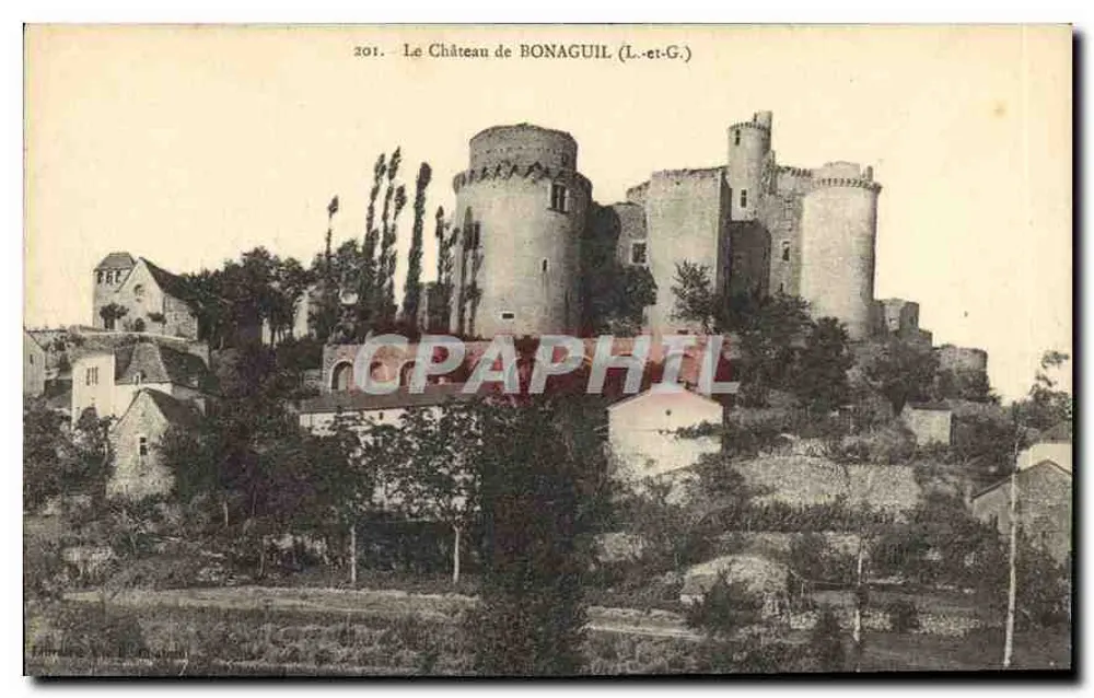O Castelo de Bonaguil (L.-et-G.) — vista do castelo fortificado com torres redondas e telhados de tijolos — editor: Éd. de la Poste, n° 201 - Frente