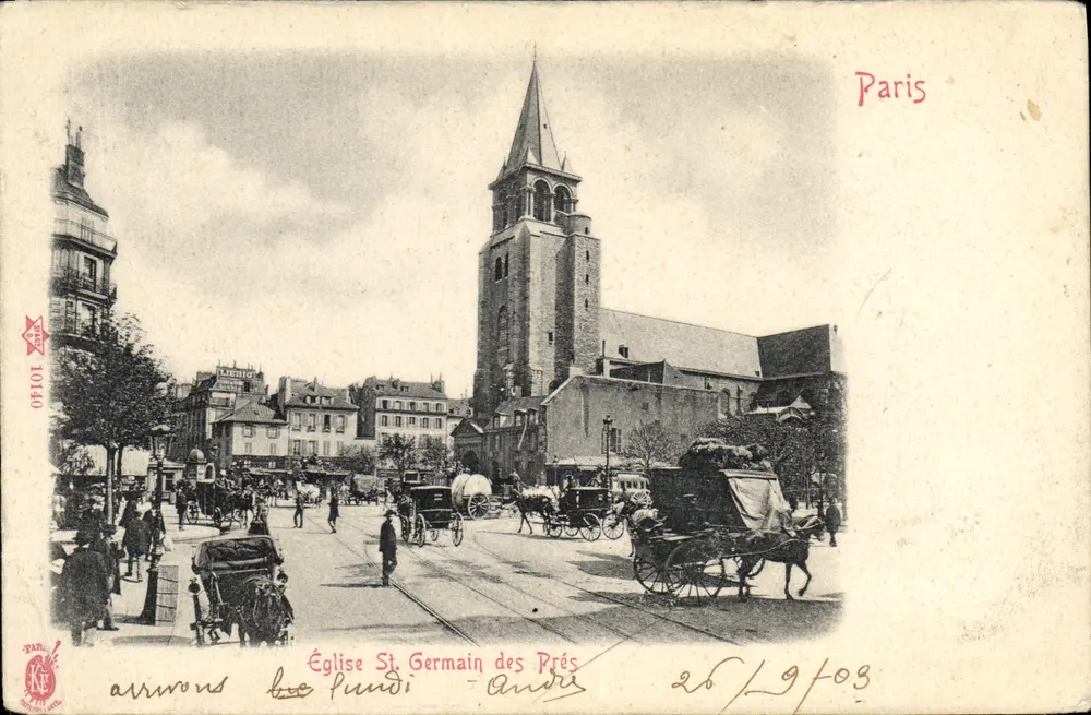 Église St Germain des Prés — vue de la place avec carrosses — éditeur PARIS 10140 - Anverso