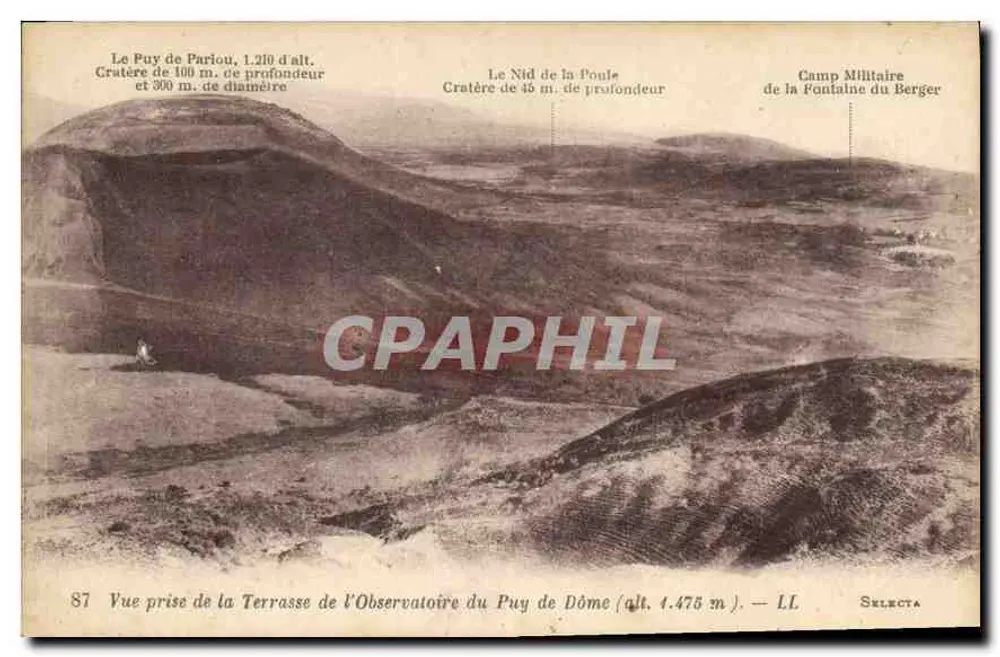 Aussicht auf den Puy de Dôme — Terrasse des Observatoriums — Puy de Pariou, Nid de la Poule, Camp Militaire du Berger — Verleger Selecta, n° 87 - Vorderseite