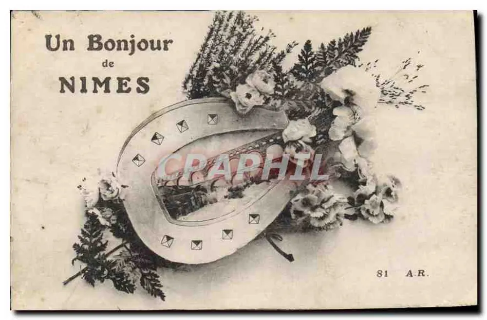 Um Olá de NIMES — carta postal ilustrada com um calcanhar de cavalo decorado e buquê de flores — edição AR. n°81 - Frente