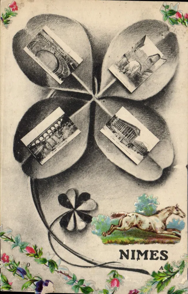 Nîmes — Carta postal decorativa com quatro vignettes — editor desconhecido - Frente