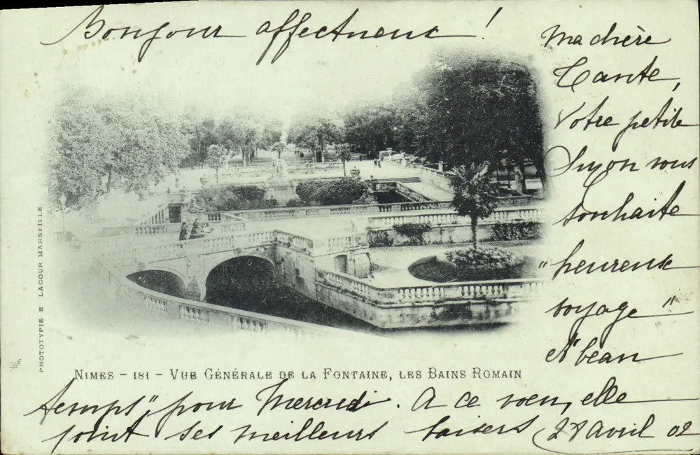 Nîmes - Allgemeiner Blick auf die Fontäne, die römischen Bäder — Phototypie Lacour & Lacour Marseille, n°181 - Vorderseite