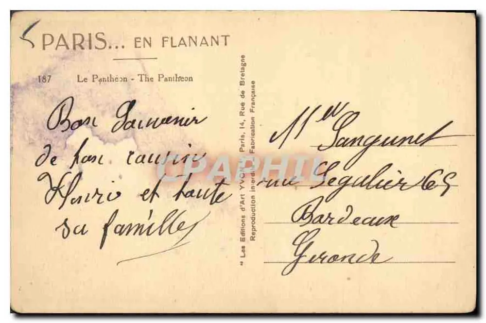 O Panteão — Paris — Edições de Arte Yvon, n°187 - Verso