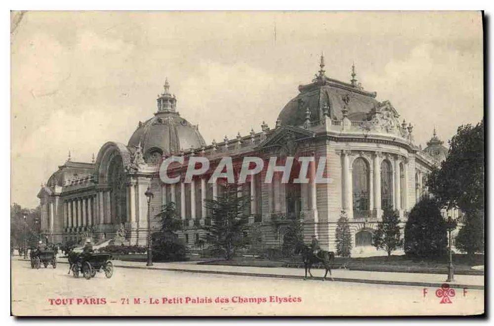 Le Petit Palais des Champs-Élysées — vue du bâtiment avec voitures et cavalier — éditeur TOUT PARIS, n° 71 M - Vorderseite