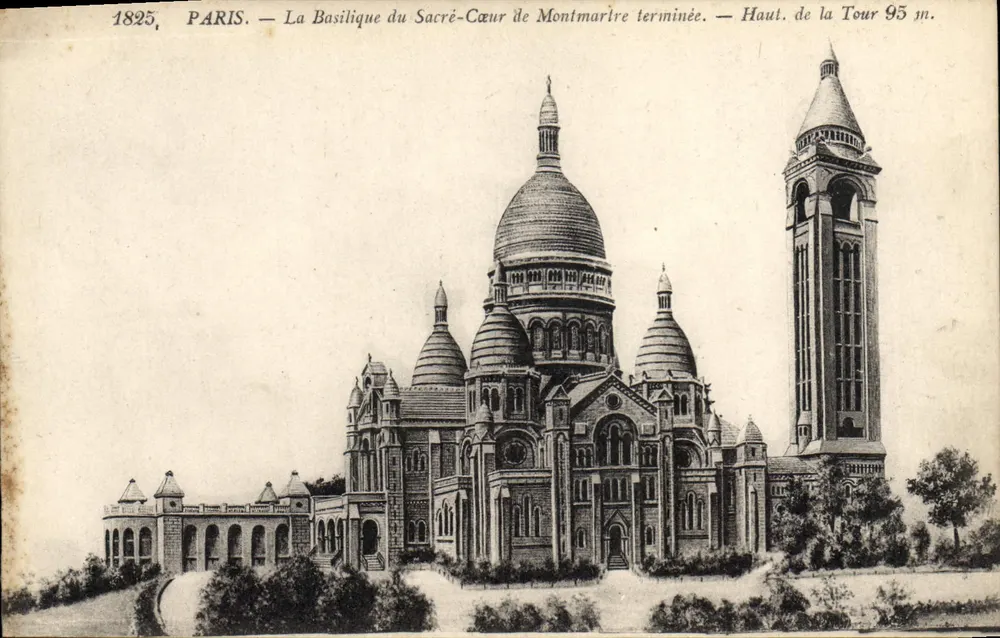 Paris — Die Basilika des Heiligen Herzens von Montmartre fertiggestellt — Höhe der Turm 95 m. - Vorderseite