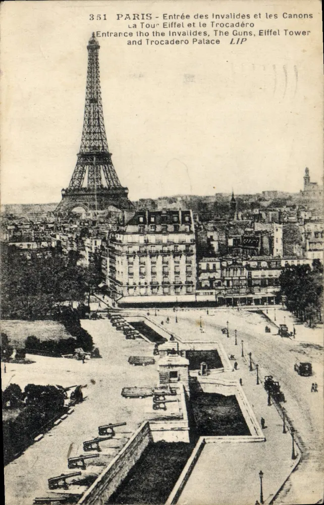 Paris - Eingang zu den Invaliden und die Kanonen — Eiffelturm und das Trocadéro — Éditions LIP, Nr. 351 - Vorderseite