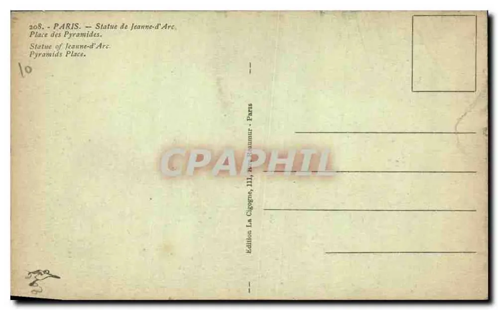 Estátua de Joana d'Arc — Praça das Pirâmides — Édition La Cigogna, Paris - Verso