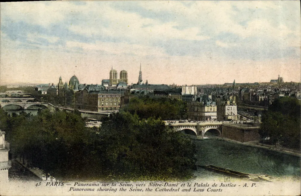 Paris — Panorama über die Seine, Richtung Notre-Dame und Palast der Gerechtigkeit — A.P. n°43 - Vorderseite