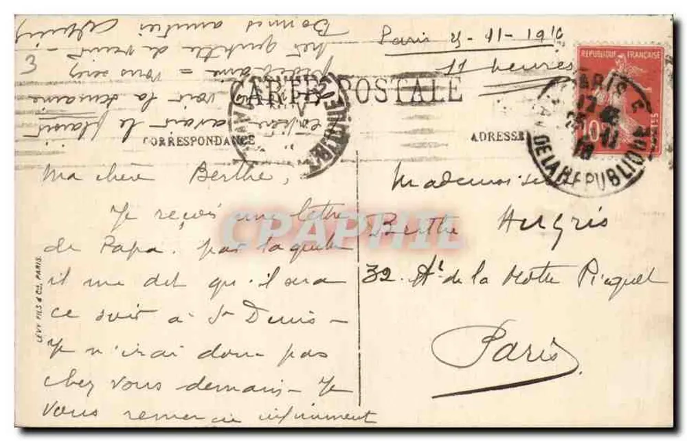 PARIS — A Sacré-Cœur — Editora: C. Fils & Cie, n° 167 - Verso