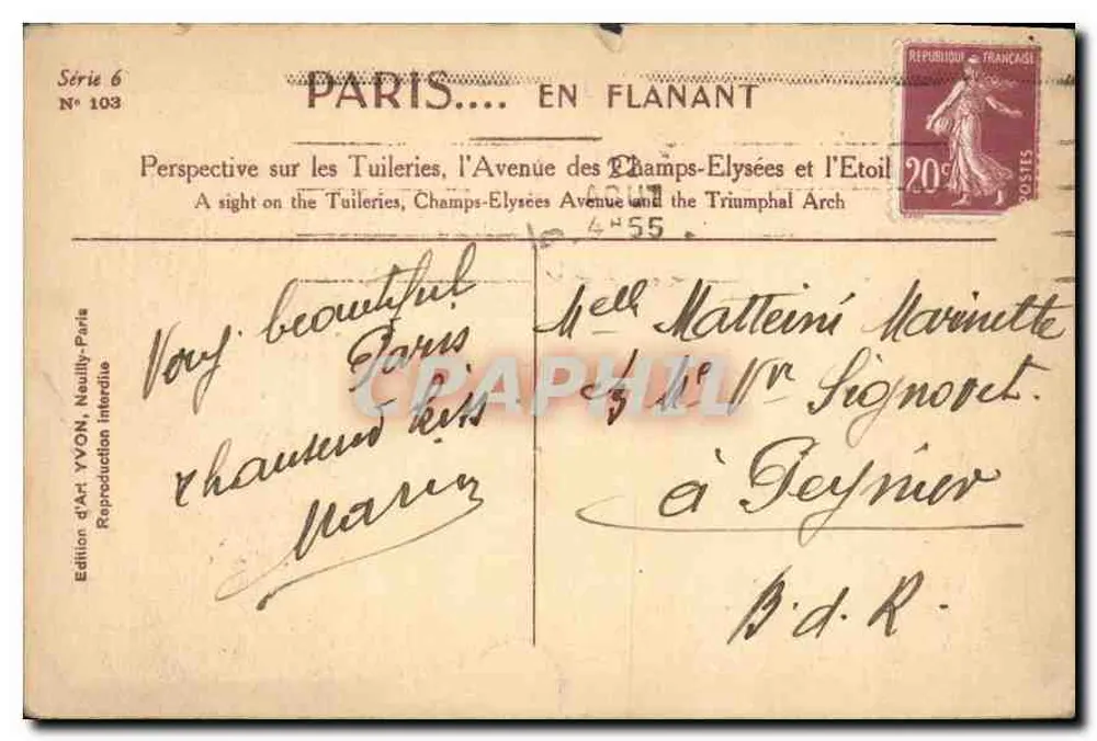 Paris... Spaziergang — Perspektive auf die Tuileries, die Avenue des Champs-Élysées und die Étoile — Künstlerische Ausgabe YVON, Neuilly-Paris, Serie 6 N° 103 - Rückseite