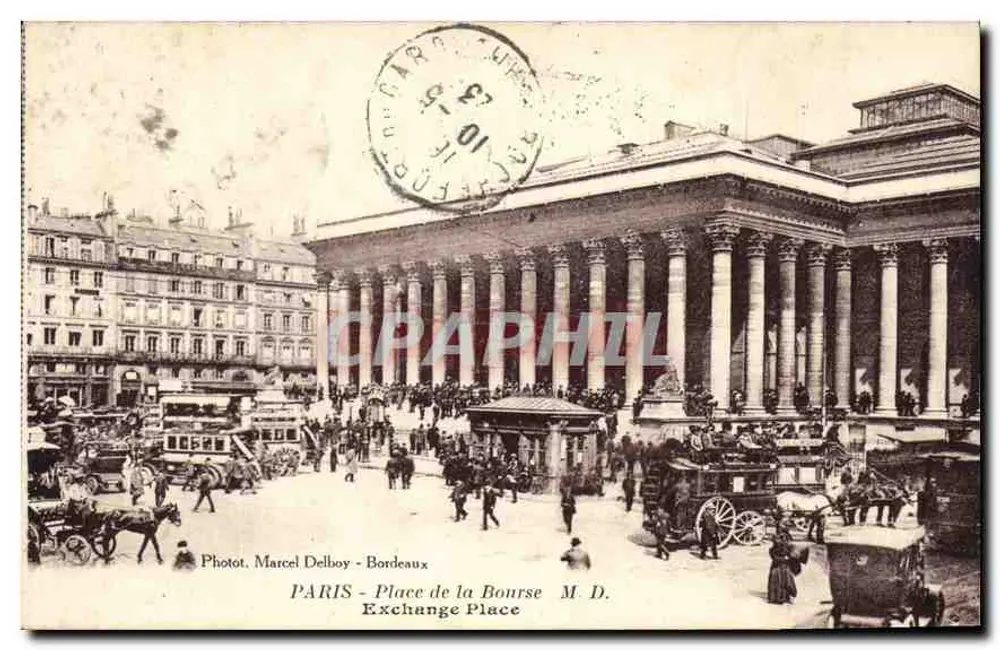 PARIS - Place de la Bourse — vista do edifício com colunatas — Photot Marcel Delboy - Bordeaux - Frente