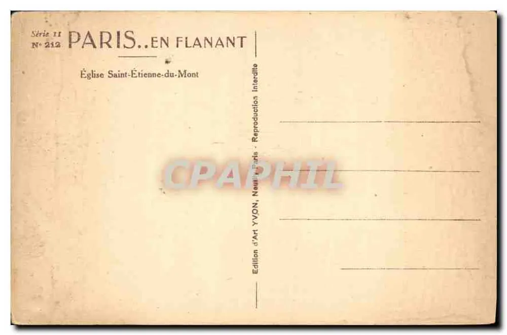 Kirche Saint-Étienne-du-Mont — Paris — Kunstausgabe YVON, Paris, Serie II N° 212 - Rückseite