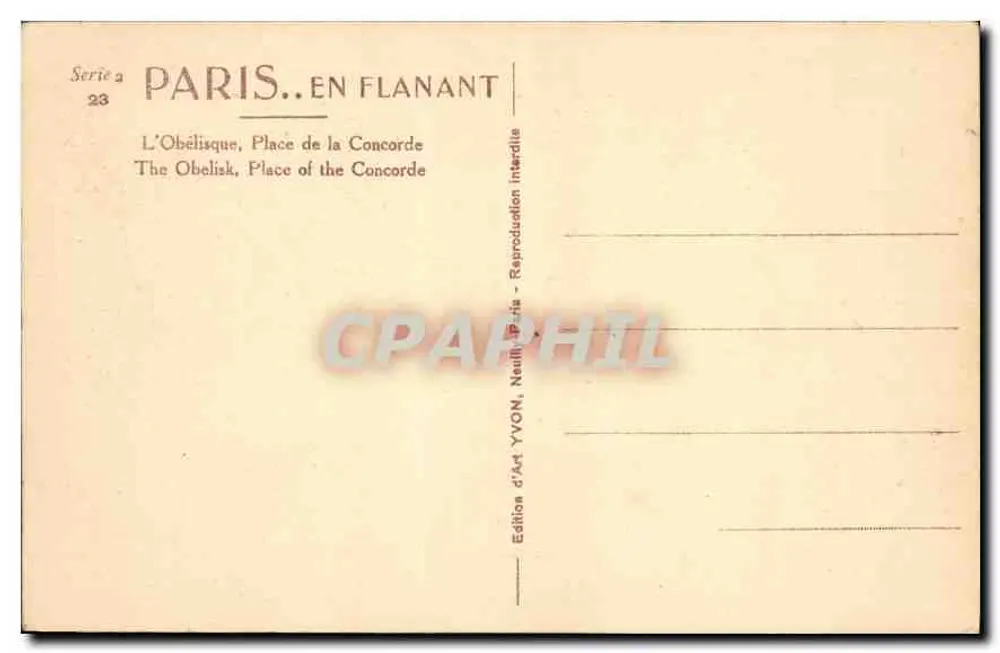 O Obélisco, Praça da Concórdia — Paris — Edição de Arte YVON, Neufchâtel - Verso
