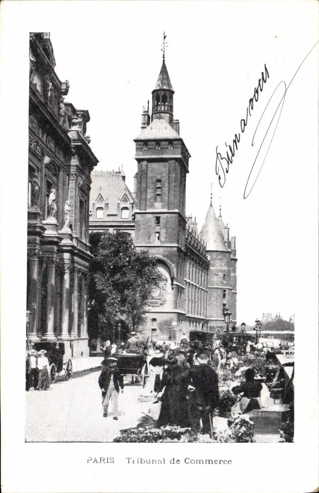 PARIS - Tribunal de Comércio — vista arquitetônica com multidão — editor desconhecido - Frente