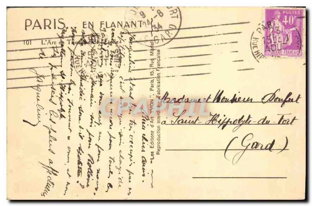 Paris — Arco do Triunfo — Edições d'Art Yvon, n°101 - Verso
