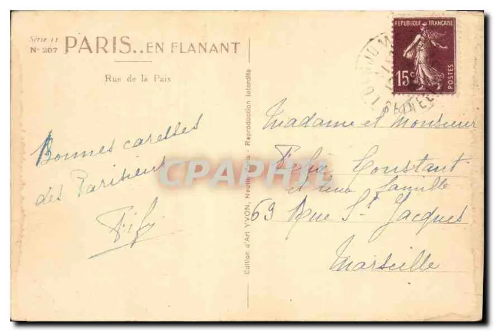 Paris. En Flanant — Rue de la Paix — Édition d'Art YVON, N° 207 - Verso