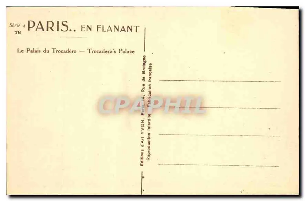 Palácio do Trocadéro — Trocadero's Palace — Éditions d'Art YVON, Paris - Verso