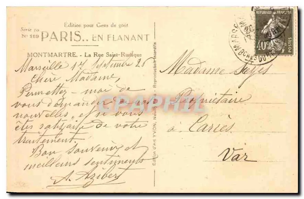 Rue des Saules — uitzicht op Montmartre met het domein van het Sacré-Cœur in de verte — Uitgave Yvon, serie 189 - Achterkant