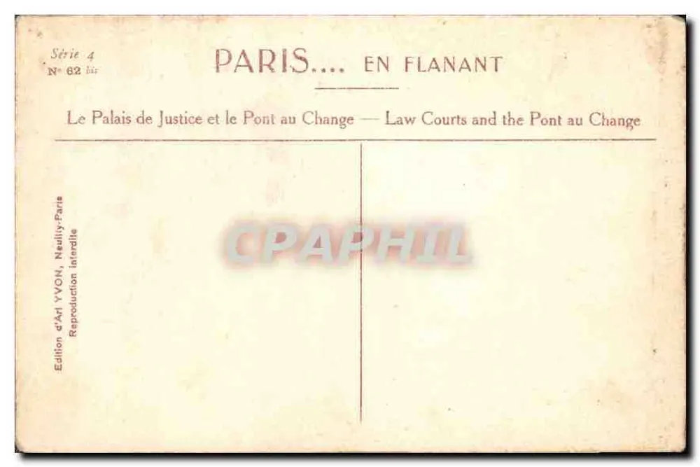 Paris — Das Palais de Justice und der Pont au Change — Kunstausgabe YVON, Serie 4, n° 62 bis - Rückseite