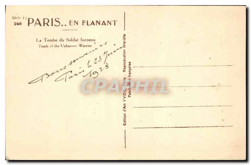 Tumba do Soldado Desconhecido — Paris — Edição de Arte YVON - Verso