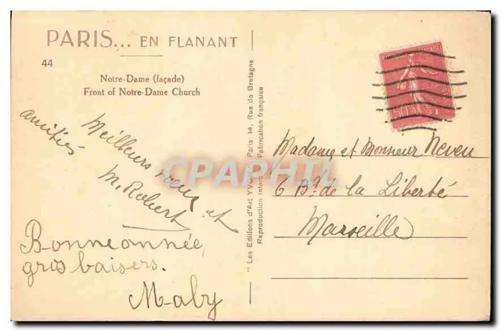 Catedral de Notre-Dame de Paris — fachada — Les Éditions d'Art Yvon, n°44 - Verso