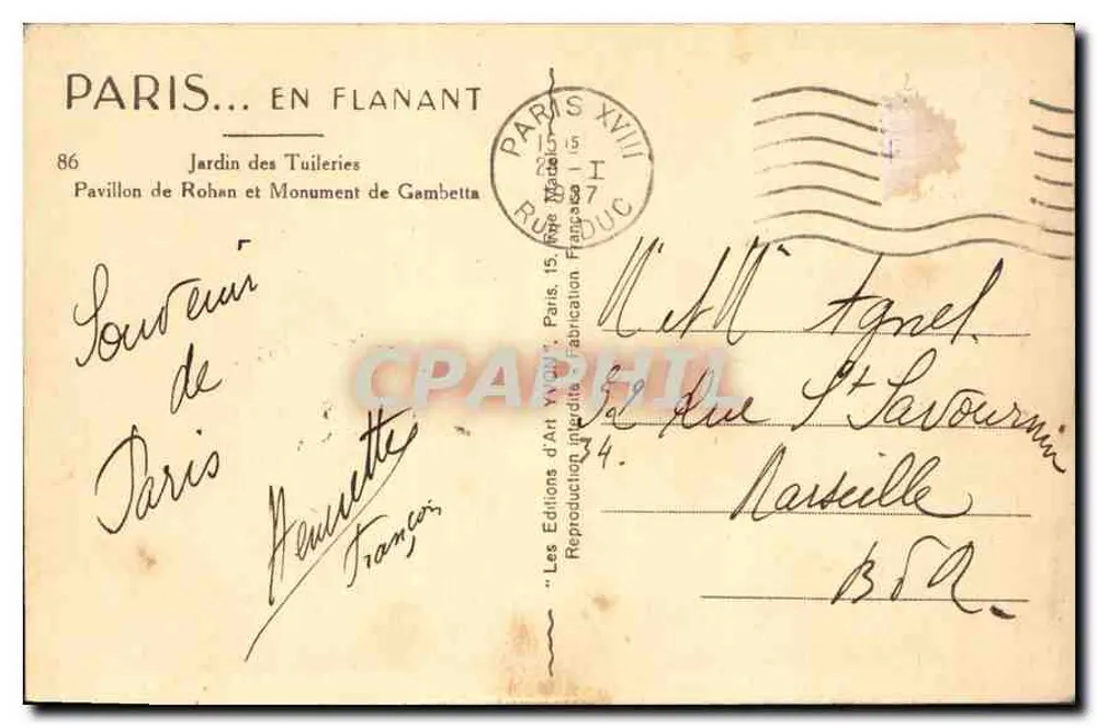 Pavillon de Rohan y Monumento de Gambetta — Jardín de las Tullerías — Ediciones Artísticas Vignon, n°86 - Reverso