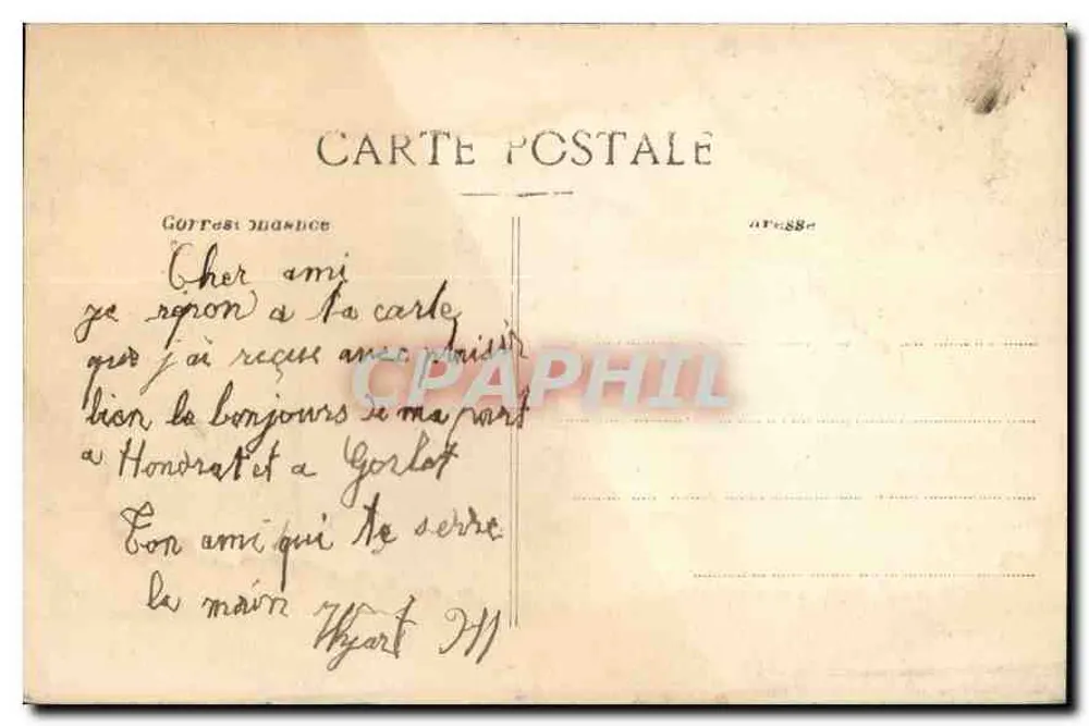 Marselha - Porta d'Aix — Arco de triunfo ornado de esculturas, com trem e pedestres — editor desconhecido - Verso