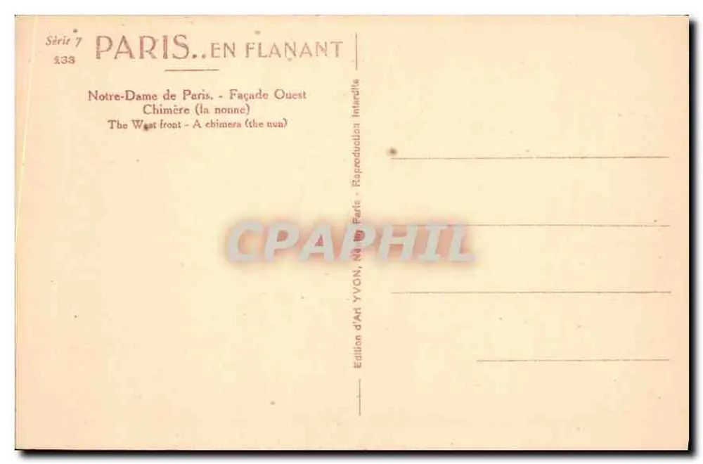 Notre-Dame van Parijs — Westelijke Facade — Chimère (de nonne) — Kunstuitgave YVON, Serie 7 n°233 - Achterkant