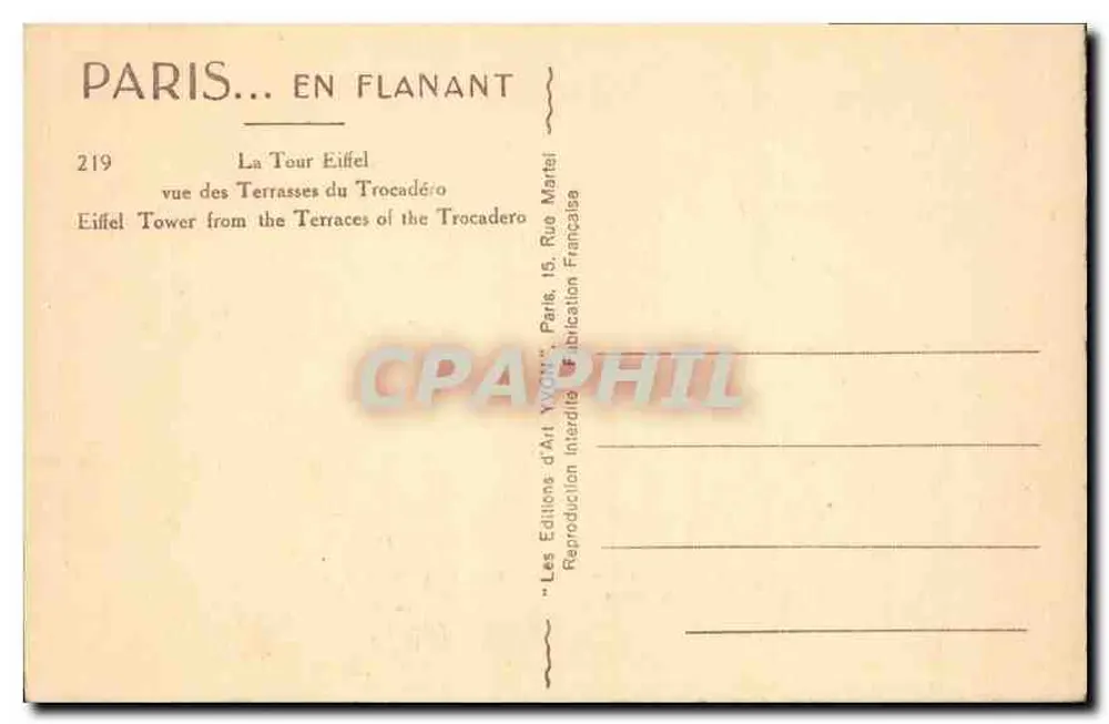 Paris — Eiffelturm aus Sicht der Terrassen des Trocadéro — Éditions d'Art Yvonn - Rückseite