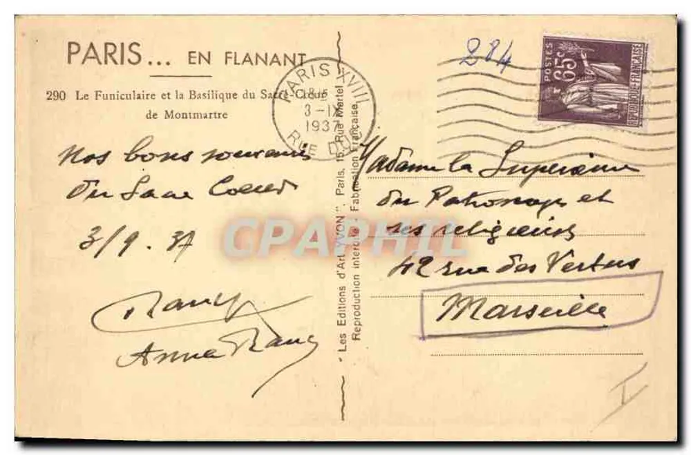Paris — Der Funicular und die Basilika des Heiligen Herzens — Éditions d'Art Yvon, n°290 - Rückseite