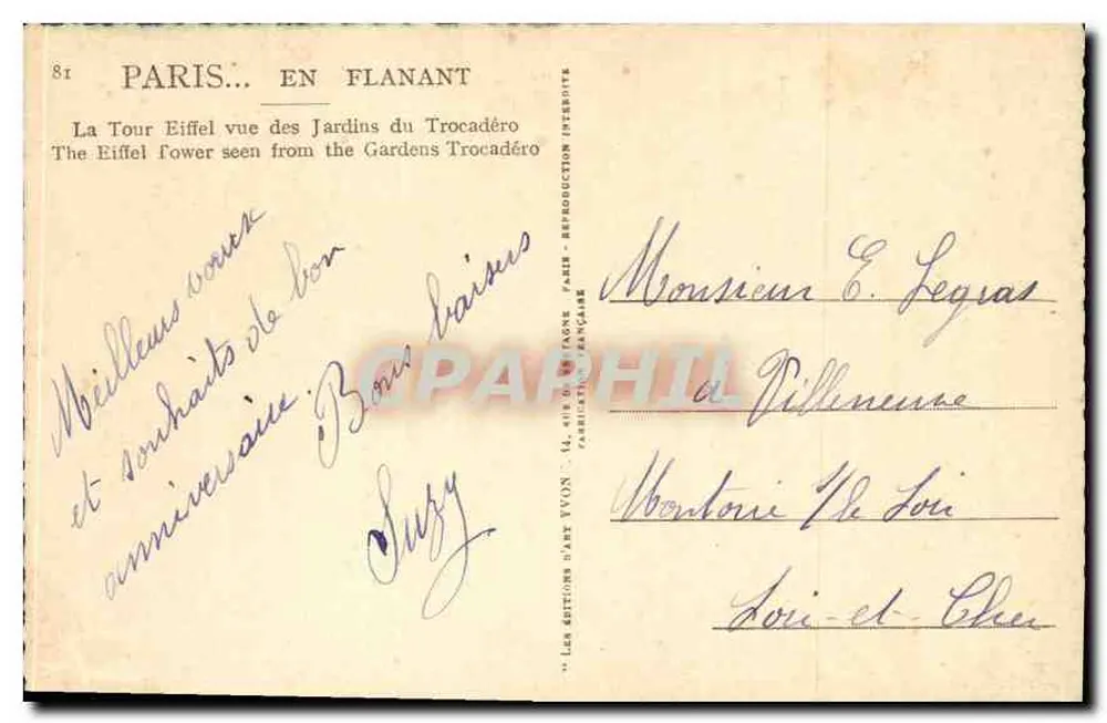 Eiffelturm aus den Gärten des Trocadéro gesehen — Éditions d'Art Yvon, n°81 - Rückseite
