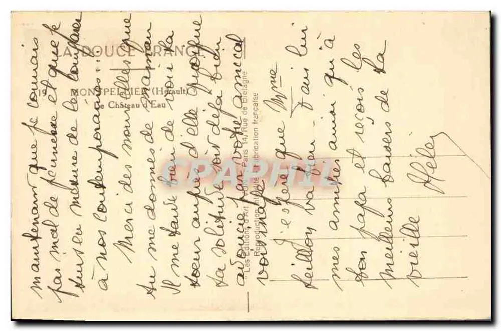 Monspelier (Hérault) — Castelo d'Água — editor Yvon, n° 1017 - Verso