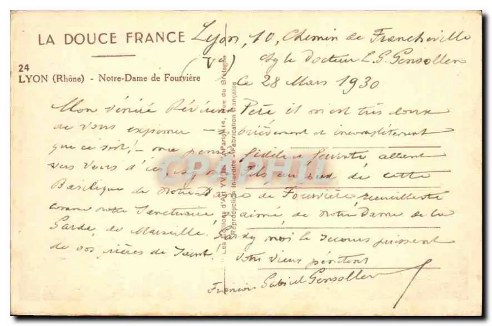 Nossa Senhora de Fourvière — Lyon — editor 'La Douce France' n°24 - Verso