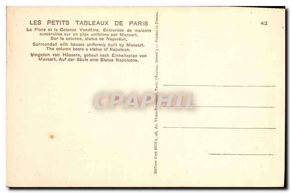 Place Vendôme — Säule und Mansart-Gebäude — Verlag MONA, Nr. 42 - Rückseite