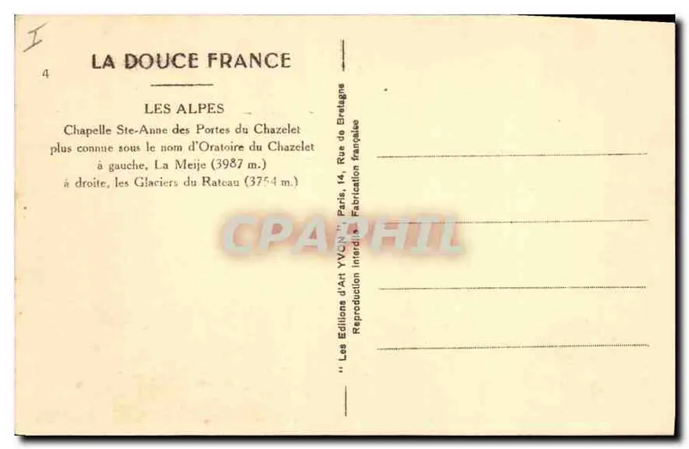 Die Alpen — Kapelle Ste-Anne der Portes du Chazelet und Gletscher des Ratcau — Éditions d'Art Yvon, Paris - Rückseite