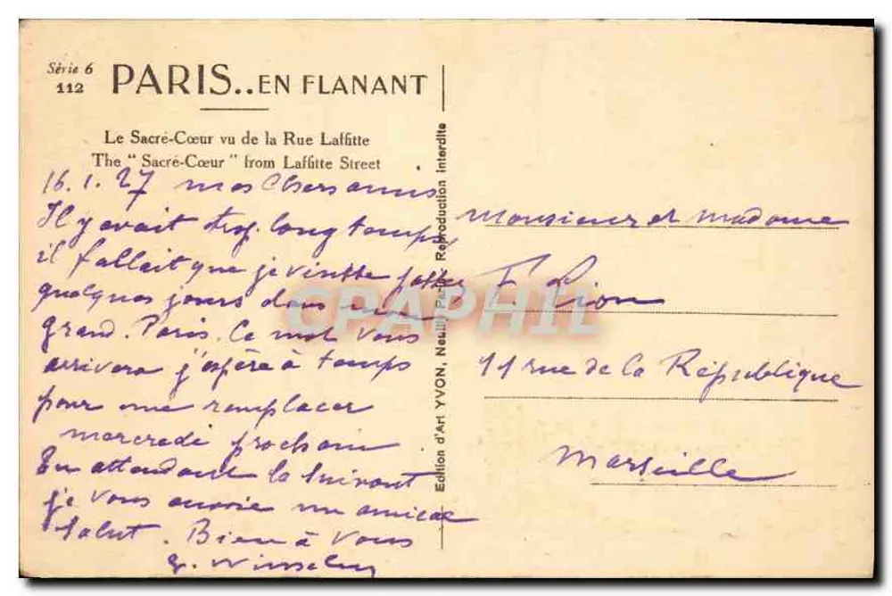 Der Sacré-Cœur aus der Rue Laffitte gesehen — Künstlerische Ausgabe YVON, Serie 6 Nr. 112 - Rückseite