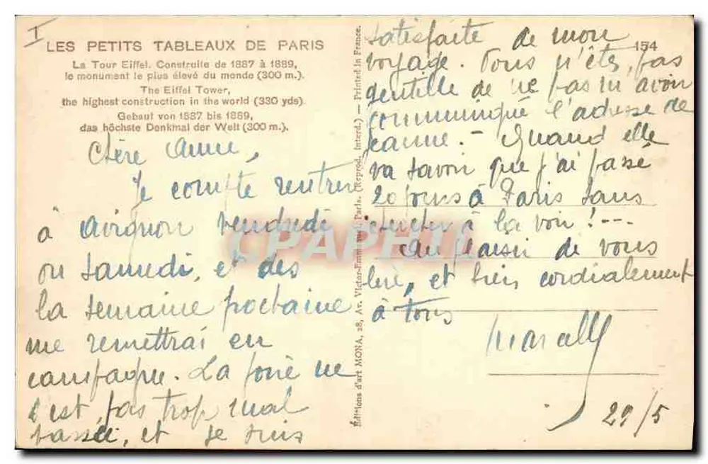 Torre Eiffel — Paris — editor Mona, n° 154 - Verso