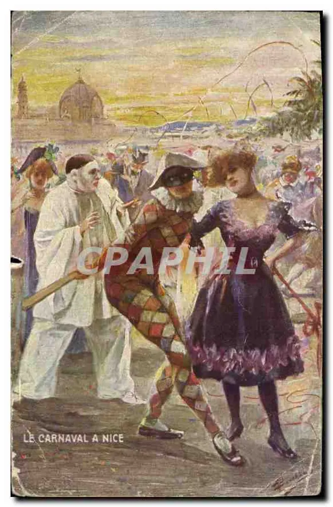 Carnaval à Nice — scène de parade avec masques et danseurs — éditeur imprimeur non visible - Frente