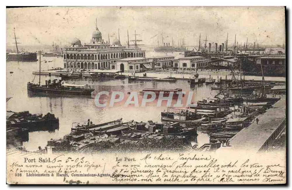 Port Said — vue du port avec bâtiment à dômes — Lichtenstein & Harari, Commissions-Agents, n° 326 - Frente