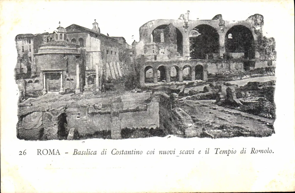 Rom - Basilika von Konstantin mit den neuen Ausgrabungen und dem Tempel von Romulus - Vorderseite