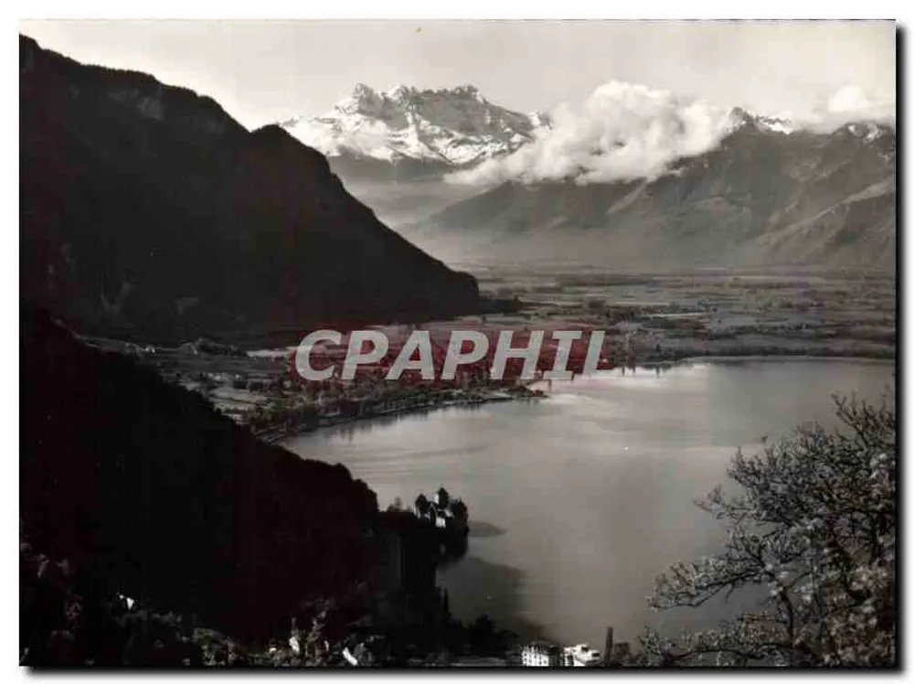 Lac Léman — Panoramische uitzicht met sneeuwbedekte bergen — Phot. Edit. O. Cartori, Lausanne - Voorkant