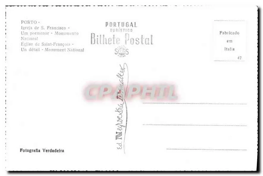 Igreja de S. Francisco — Porto — Bilhete Postal Turístico n° 47 - Verso