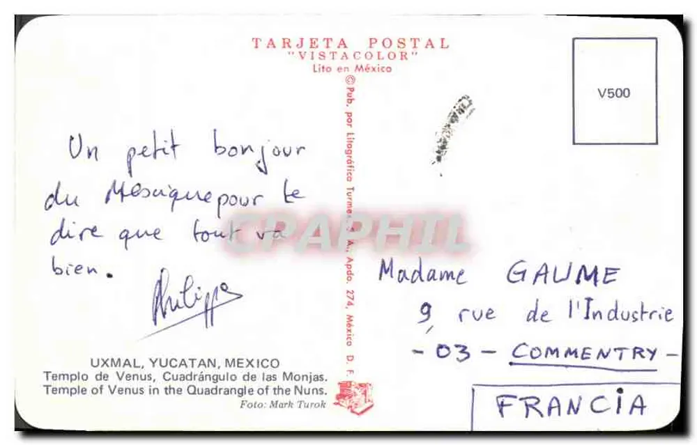 Templo de Vênus — Quadrângulo das Monjas — Uxmal, Yucatán, México — TARJETA POSTAL "VISTACOLOR" V500 - Verso