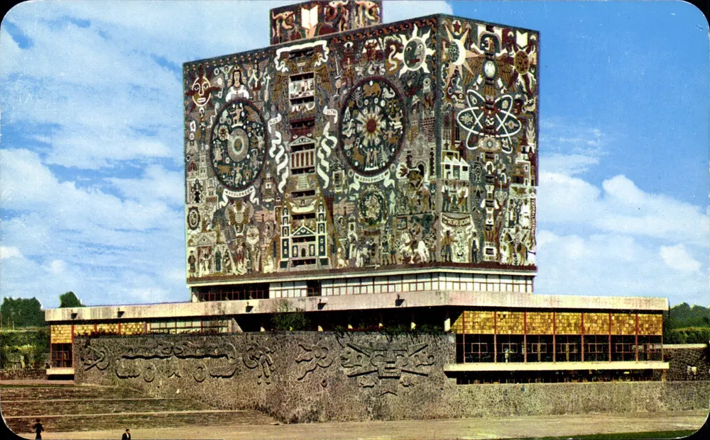 Biblioteca Central — muros de mosaico de Juan O'Gorman — editor AMEX ASOCIADOS, série V116 - Frente