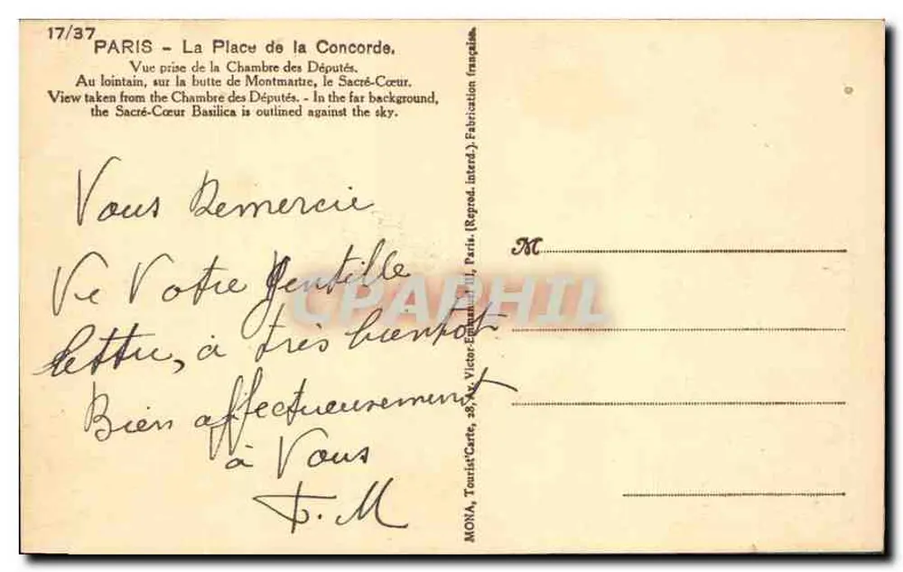 Paris - A Place de la Concorde — vista tirada da Câmara dos Deputados — editor MONA, n° 17/37 - Verso