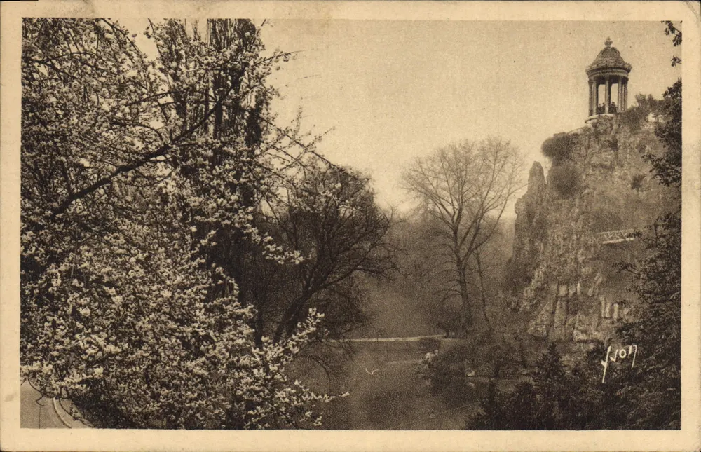 O Parque das Buttes-Chaumont — vista do templo da Sibila na falésia — editor J. Lyon, n° H. 748 - Frente
