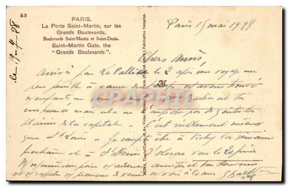 Paris — La Porte Saint-Martin — Verlag Mona - Rückseite